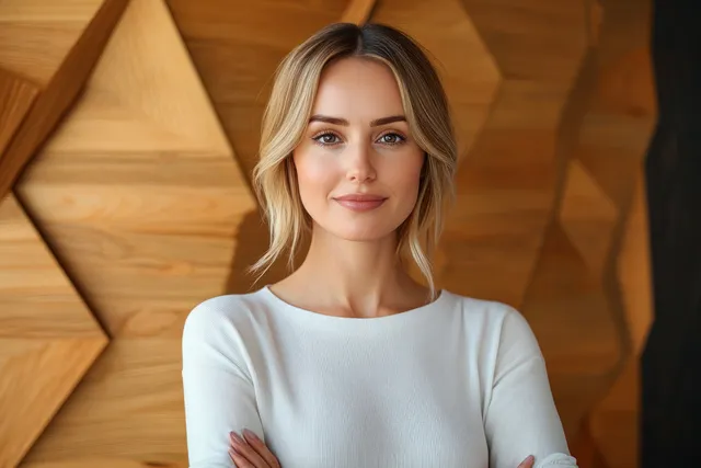 Confident businesswoman stands with arms crossed in a modern corporate office with geometric wooden backdrop.