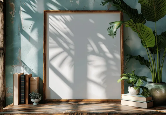 Blank picture frame on a sunlit wooden table with books, a small vase, and tropical leaves nearby.