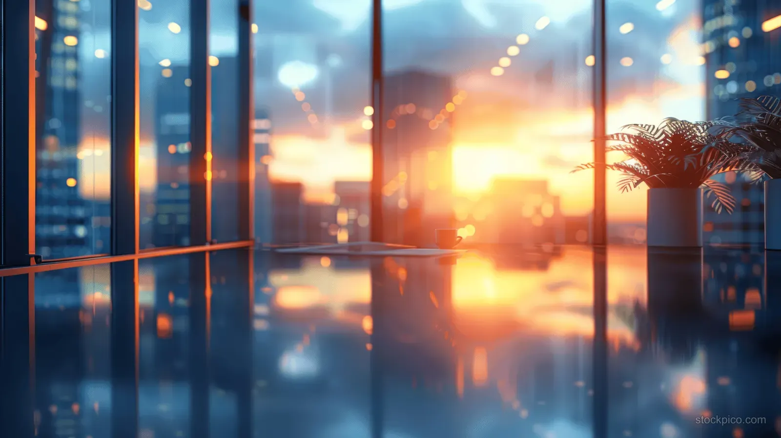 Sunset glow fills a modern office with glass walls and city reflections, with a product display table in the foreground.