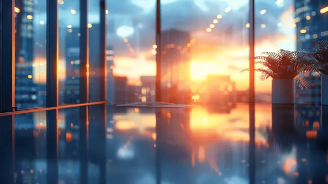 Sunset-lit modern office interior with glass walls, product display table silhouette, and city reflections