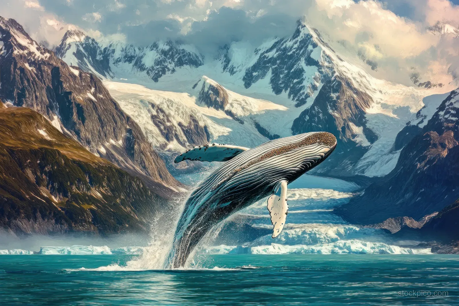 A humpback whale breaches into the air near an Alaska cruise boat with snow-capped mountains in the background.