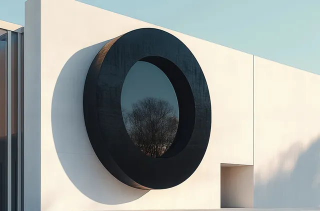 Modern white facade with large circular black window reflecting bare tree at sunset