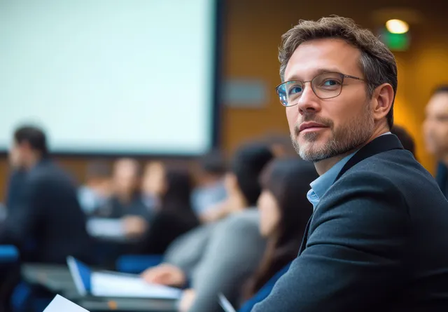 Business presenter speaking to attentive audience in a modern conference room with screen light