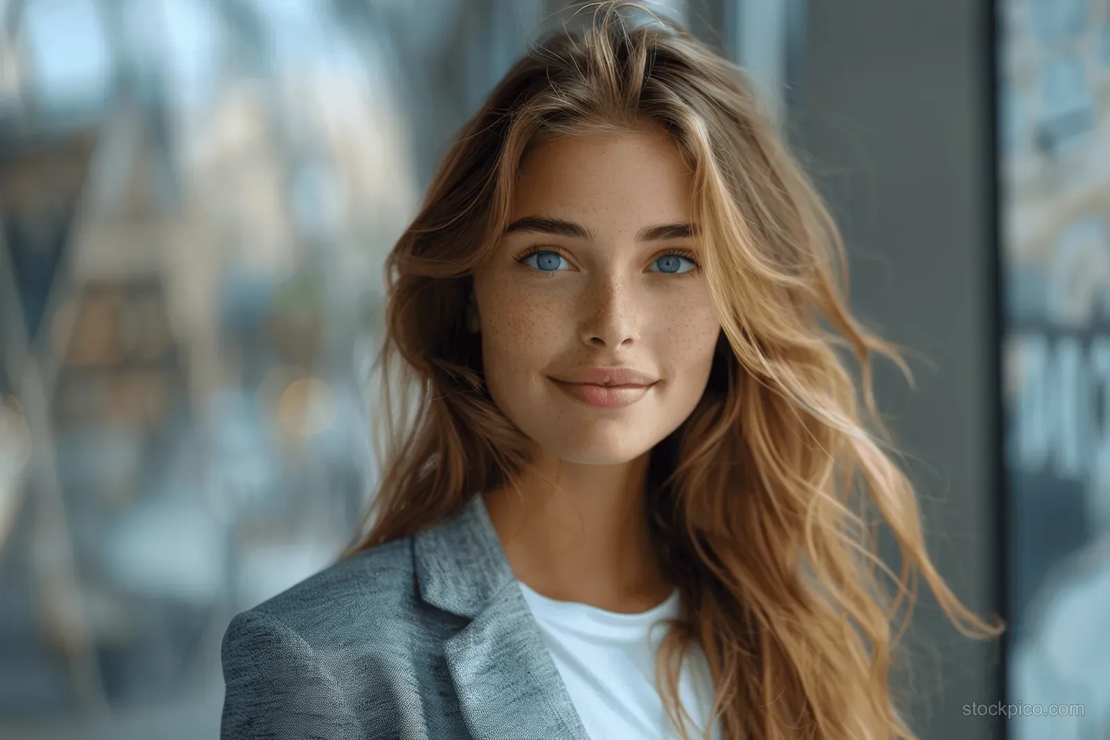 A smiling young businesswoman stands outside a modern office building, wearing a grey blazer and white top.