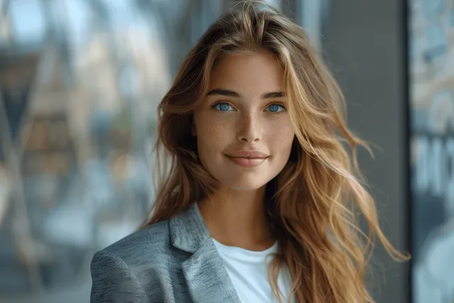 A smiling young businesswoman stands outside a modern office building, wearing a grey blazer and white top.
