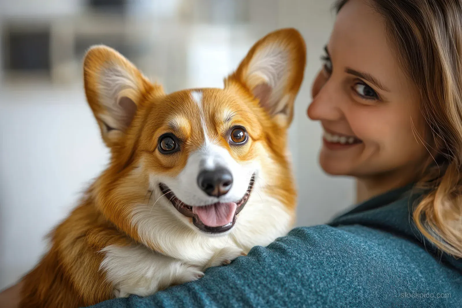 A corgi sits in a woman’s arms inside a veterinary clinic under soft light.