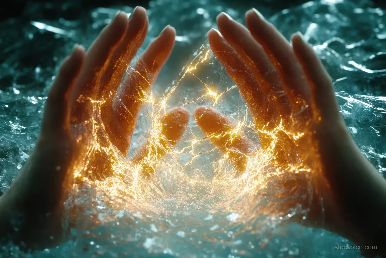 Cupped hands under water cradle a glowing golden energy sphere with sparkling droplets.