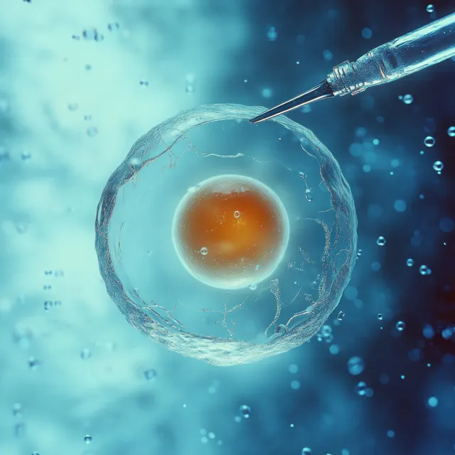 A microinjection needle pierces a cell nucleus inside a blue liquid medium with surrounding bubbles.