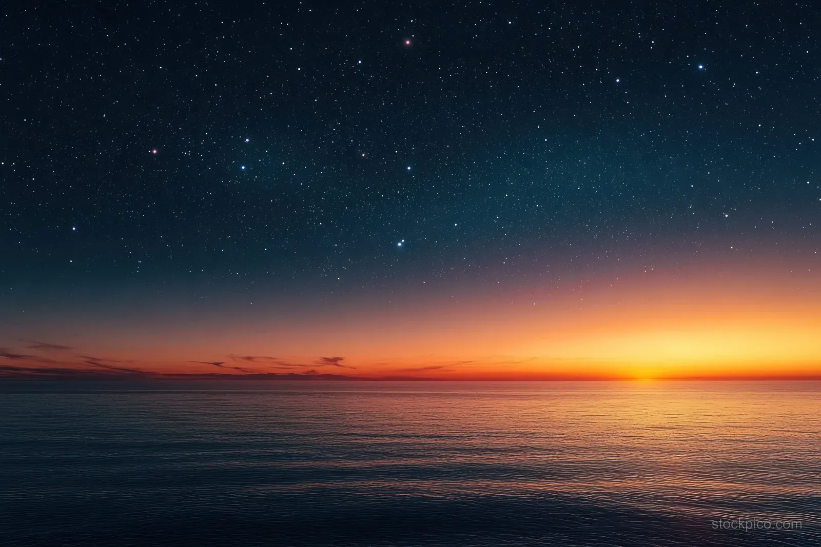 Calm ocean horizon at twilight with a warm orange sunset glow and scattered stars over dark silhouettes.