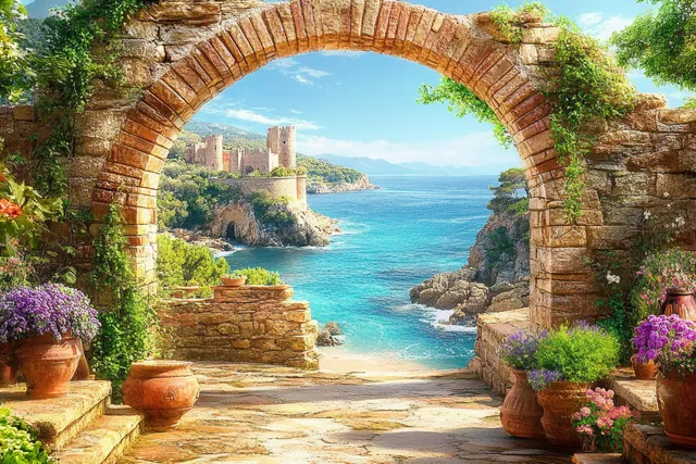 Ancient stone archway frames turquoise sea and rocky shore beyond a courtyard with terracotta pots and flowers.