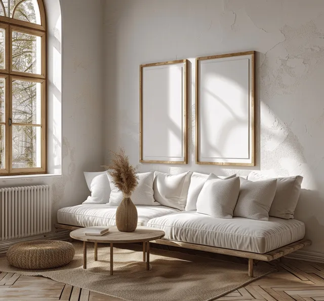 White sofa in a sunlit minimalist Scandinavian living room with two wooden framed wall prints and pale textured walls.