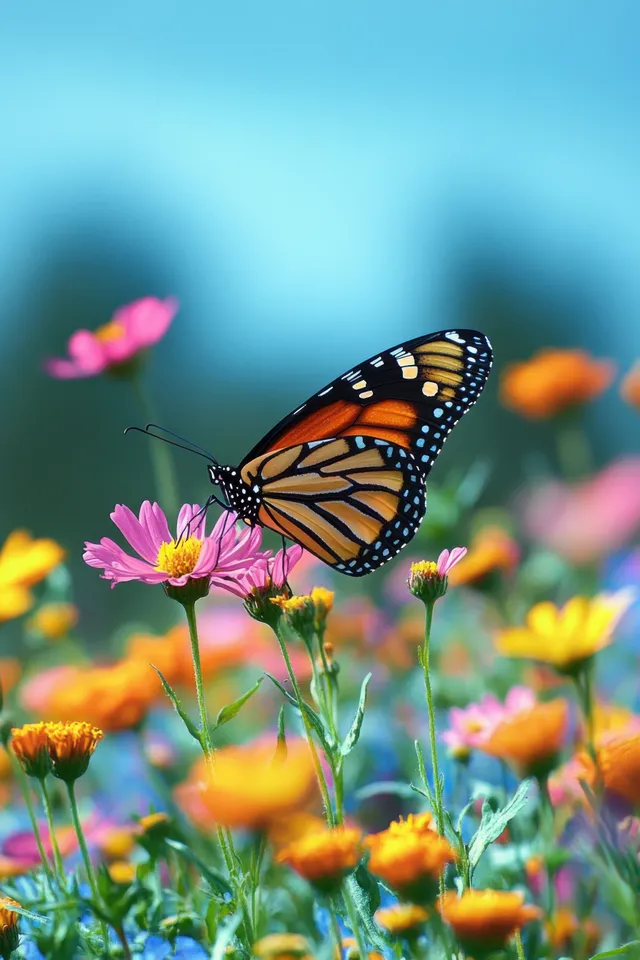 Monarch butterfly resting on pink and orange wildflowers with a softly blurred summer garden background.