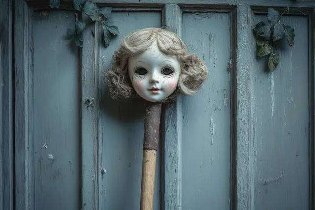 An old porcelain doll head mounted on a wooden stick against a weathered blue wall with ivy leaves.