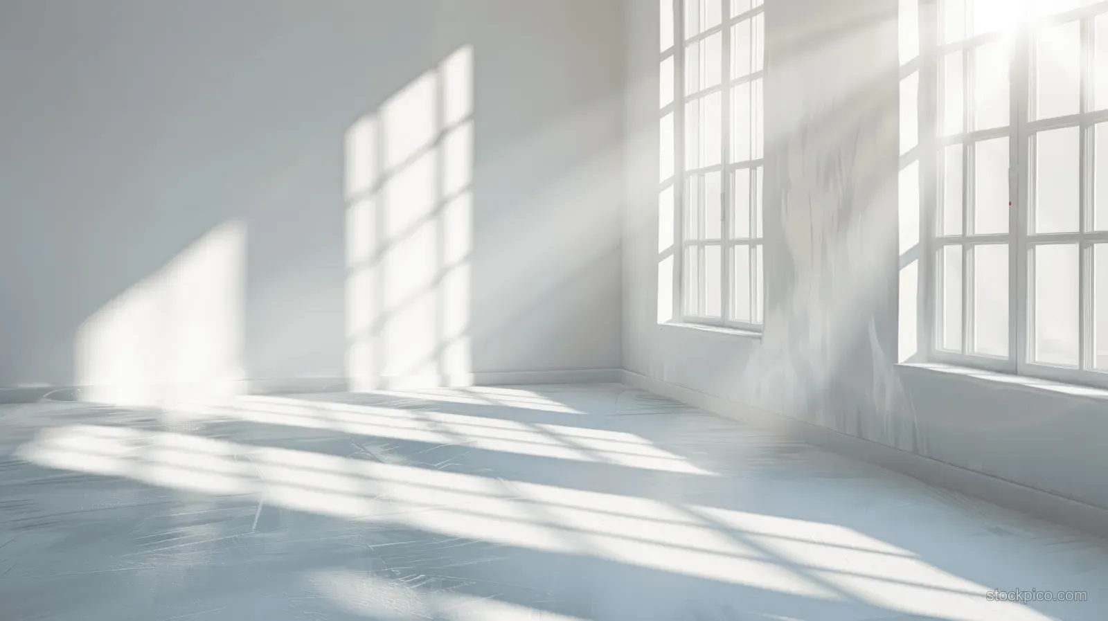 Sunlight streams through multiple window panes, casting striped shadows on a white interior wall.