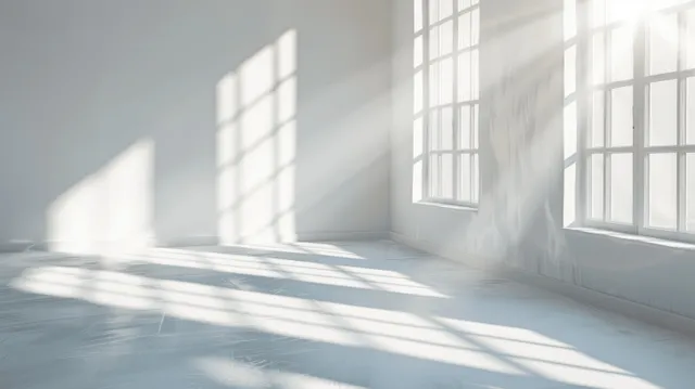 Sunlight streams through multiple window panes, casting striped shadows on a white interior wall.