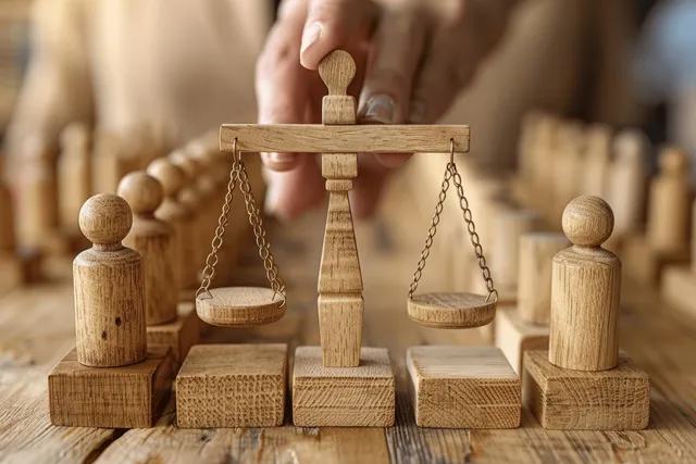 Wooden worker figures stand around a tabletop balance scale symbolizing fair employment law compliance.