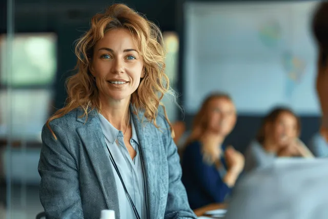 Smiling businesswoman leading team discussion in a boardroom meeting