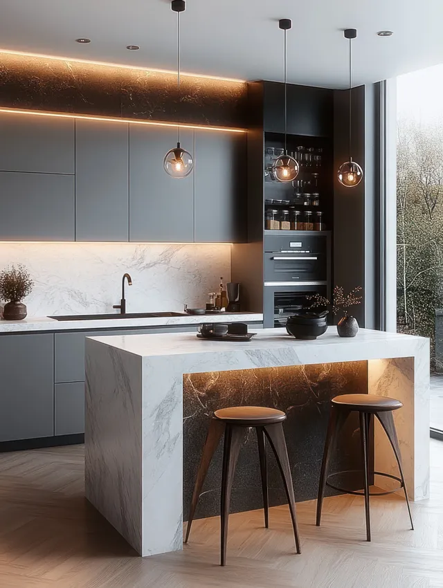 Scandinavian kitchen interior showing a marble island, gray cabinets, and pendant lights over bar stools.