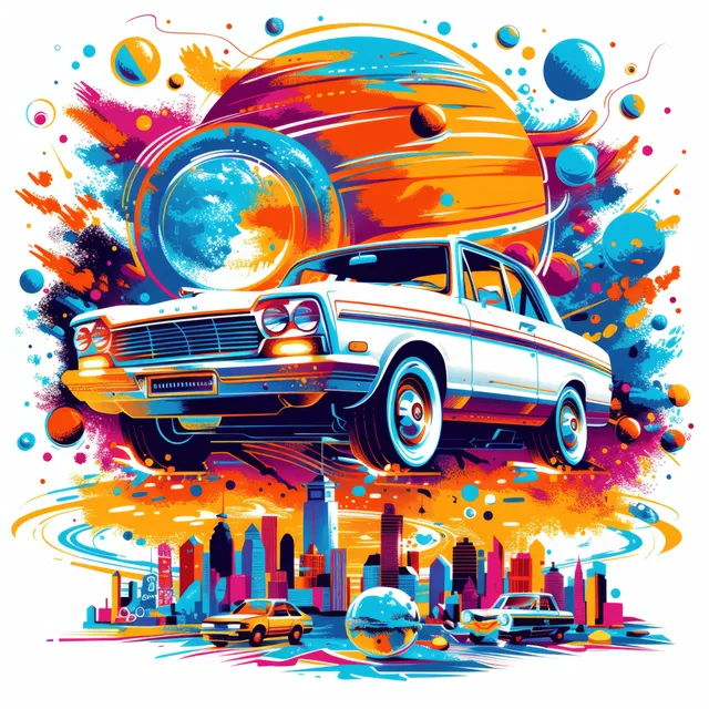 Colorful pop-art vector illustration of vintage cars driving through a cosmic cityscape with planets and paint splashes.
