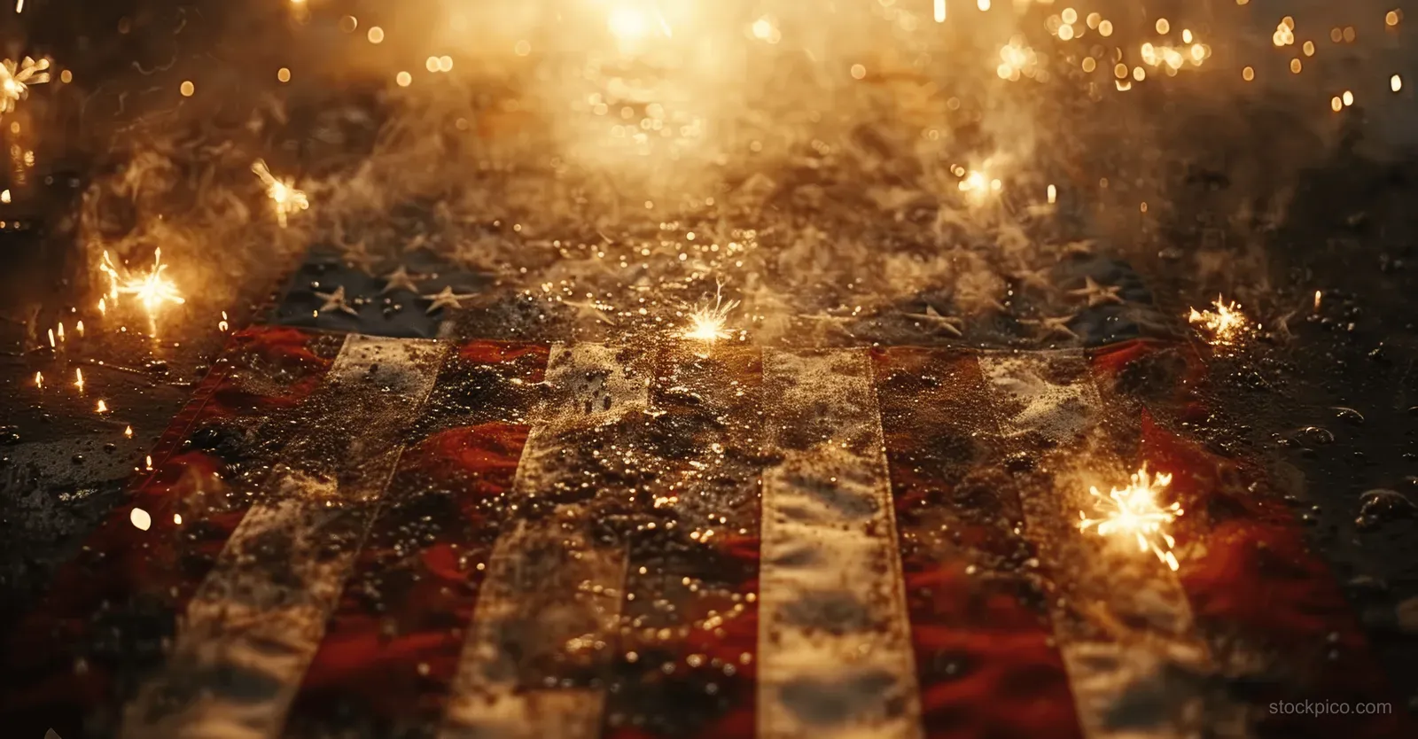 An American flag is lit by burning sparklers, with starry bokeh and glowing sparks across the red stripes.