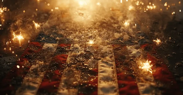 An American flag is lit by burning sparklers, with starry bokeh and glowing sparks across the red stripes.