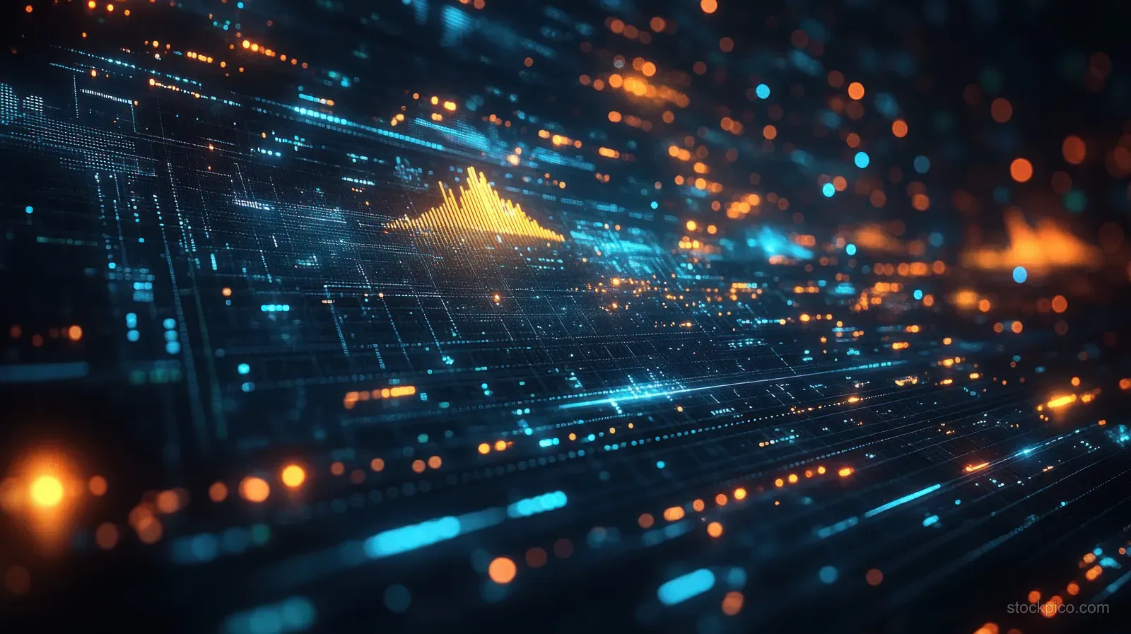 Glowing futuristic market dashboard with layered grid lines and streaming trading data over a dark background.