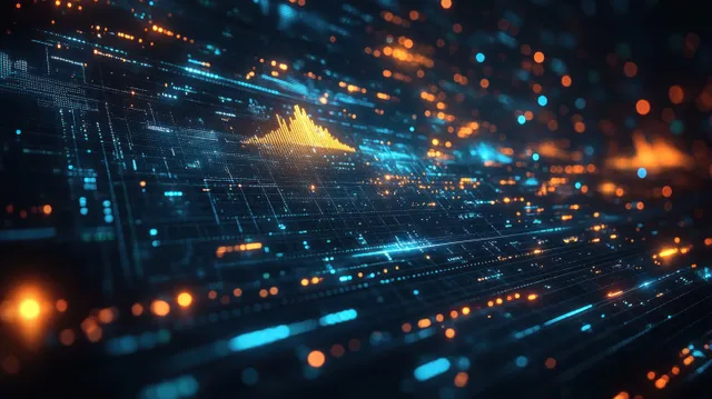 Glowing futuristic market dashboard with layered grid lines and streaming trading data over a dark background.