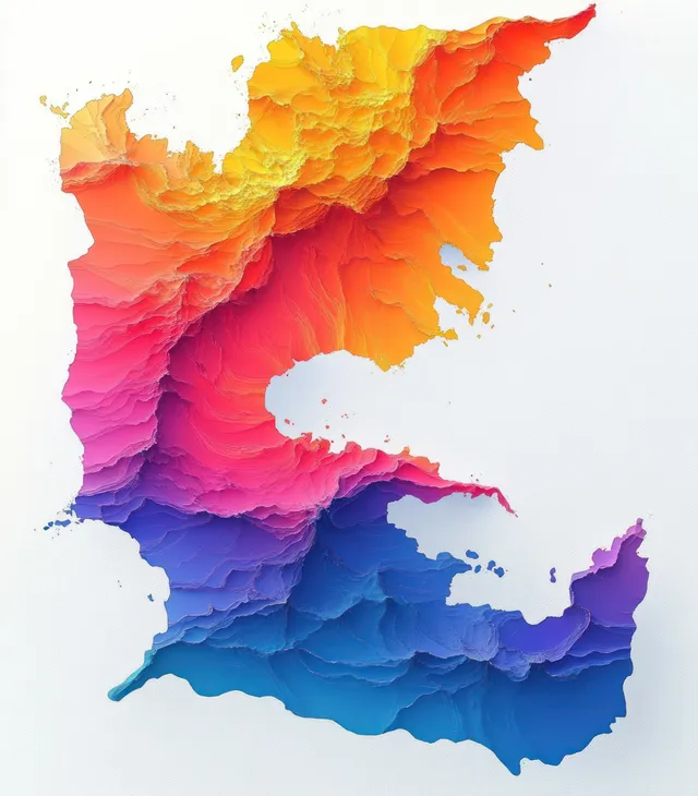Abstract topographic map graphic with layered elevation contours in blue-purple and orange-yellow-red gradients.
