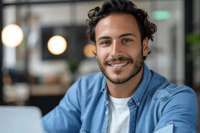 Hombre árabe sonriente sentado en un escritorio usando una laptop en una oficina moderna, con camisa azul y mirando a la cámara.