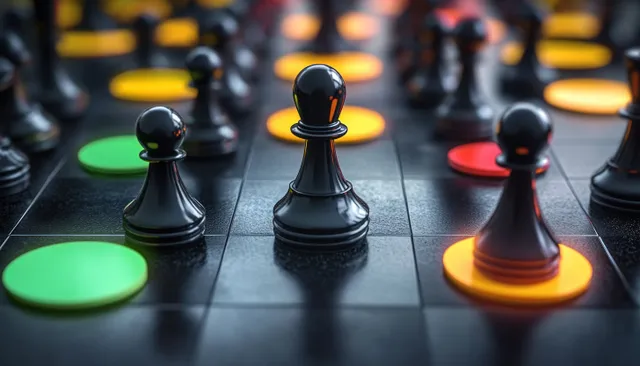 Black chess pieces placed on colored circles illustrate spacing and contamination risk control.