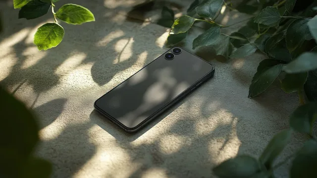 Black smartphone on beige textured table with green leaves and dappled sunlight shadows