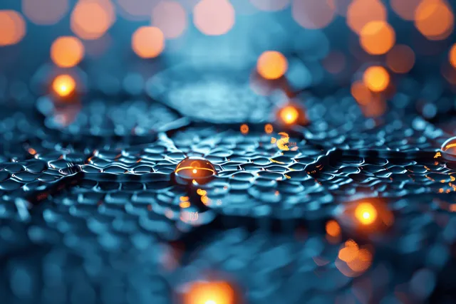 A wet hexagonal metal-like surface shows droplets and scattered glowing orange light orbs in soft focus.