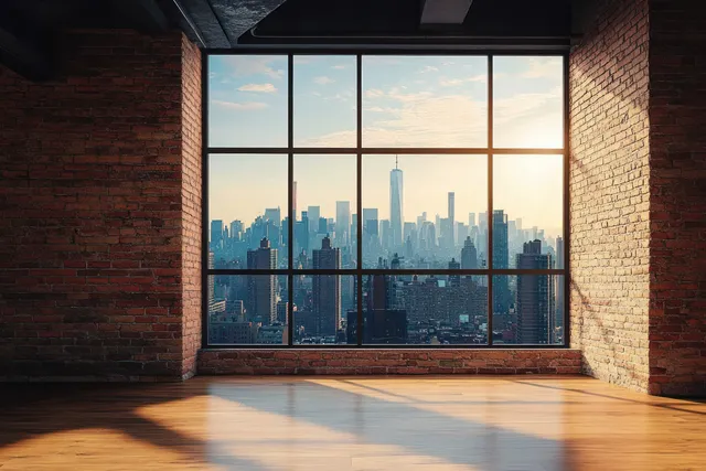 Empty loft room with brick walls and polished wood floor, featuring a wide window and a sunset city skyline view.