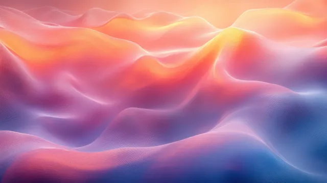 Dunas onduladas en tonos pastel de rosa, morado y azul brillan suavemente con bandas de luz luminosa.
