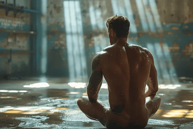 Tattooed muscular man meditating on wet warehouse floor as sunlight streams through windows
