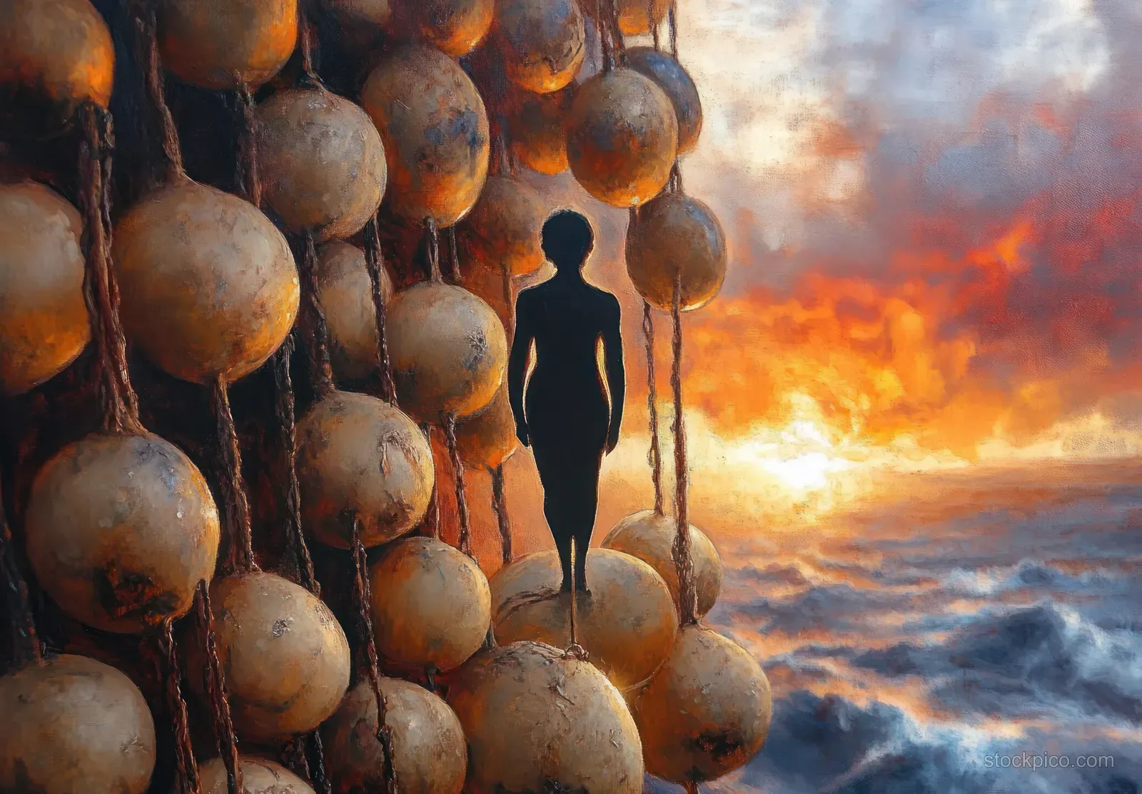 A lone silhouetted person stands among hanging spheres under a fiery orange sunset and cloudy sky.