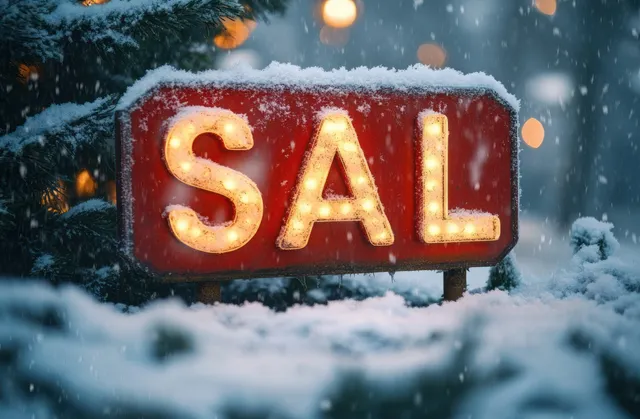 A snow-covered illuminated SALE sign glows amber lights as flakes fall in a winter outdoor scene.