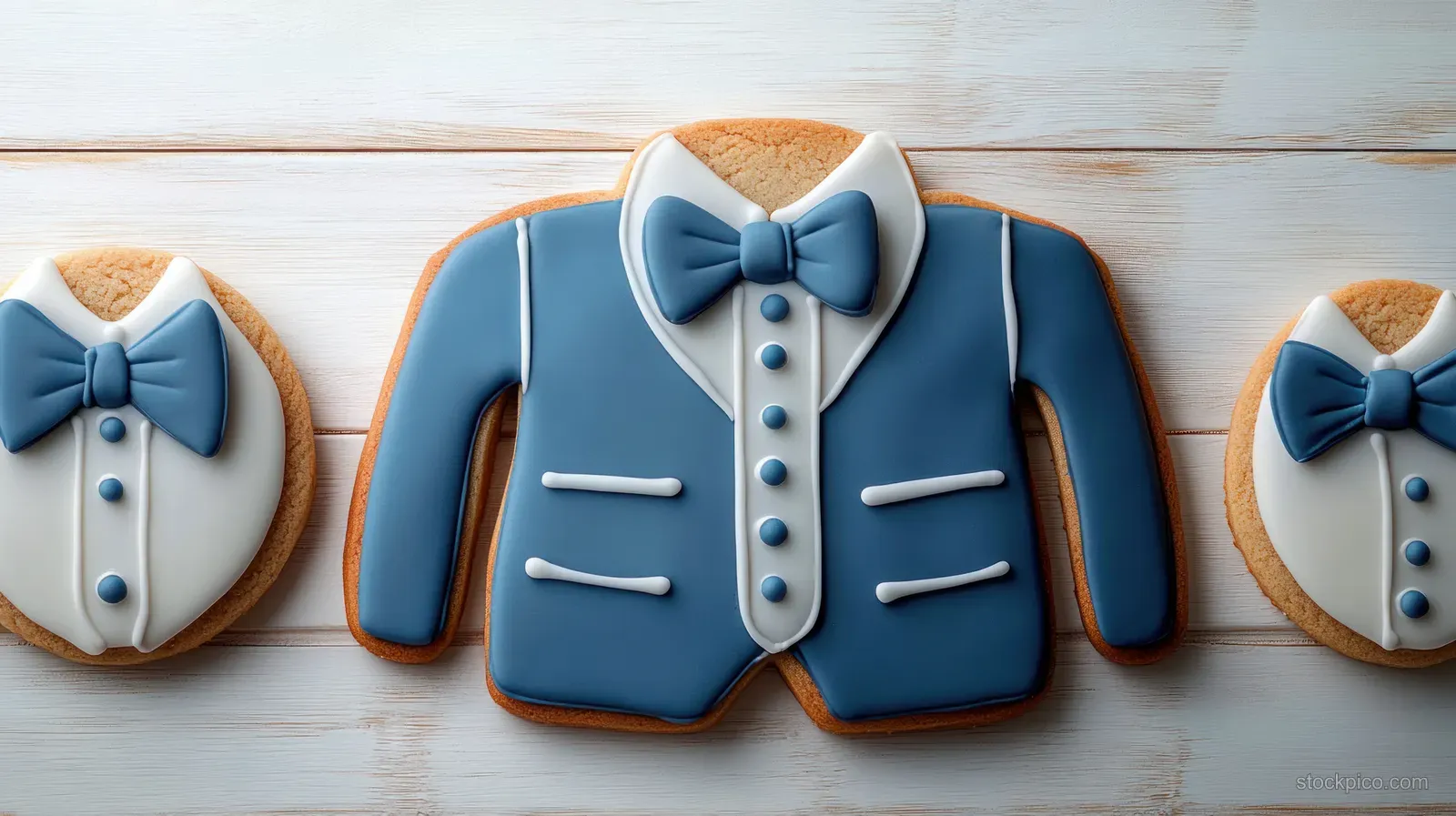 Tuxedo jacket cookies with blue bow ties and piped buttons arranged on a white wooden tabletop.
