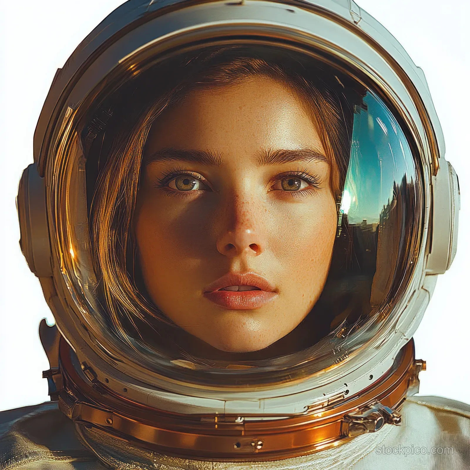 Young woman wearing a reflective space helmet, her face visible behind the visor with calm focused eyes.