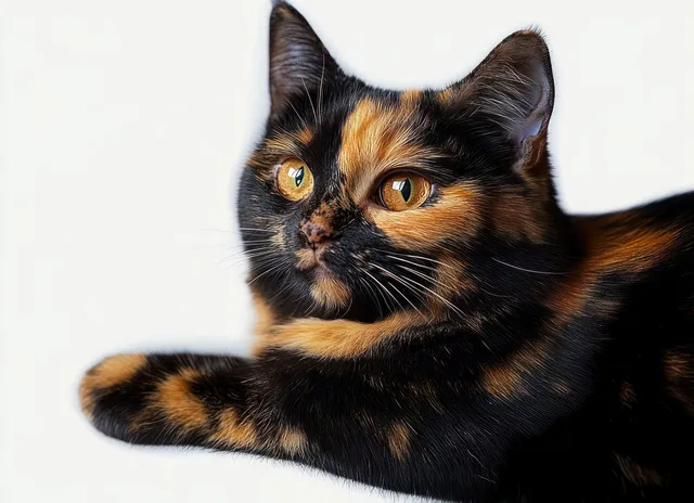 Calm tortoiseshell cat lying on a white background, looking at the camera with amber eyes.