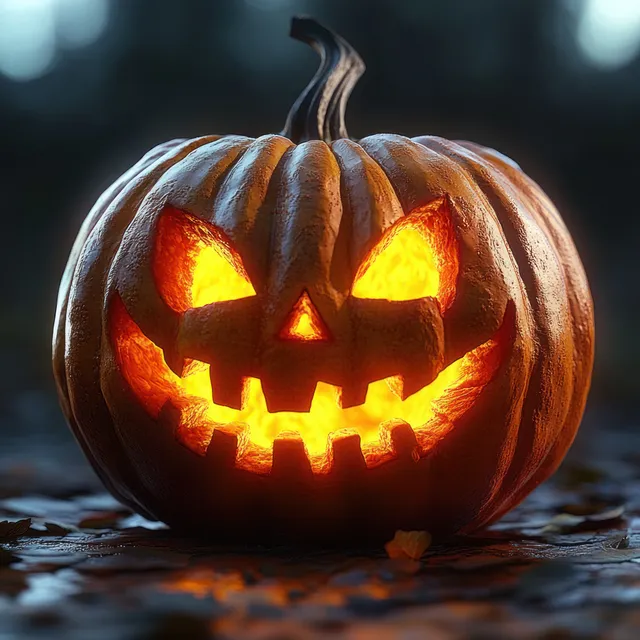 A glowing carved jack-o-lantern pumpkin with menacing eyes sits on wet dark ground at night.
