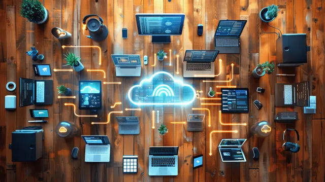 A glowing cloud surrounded by connected laptops, phones, tablets, and document icons on a desk-style layout.