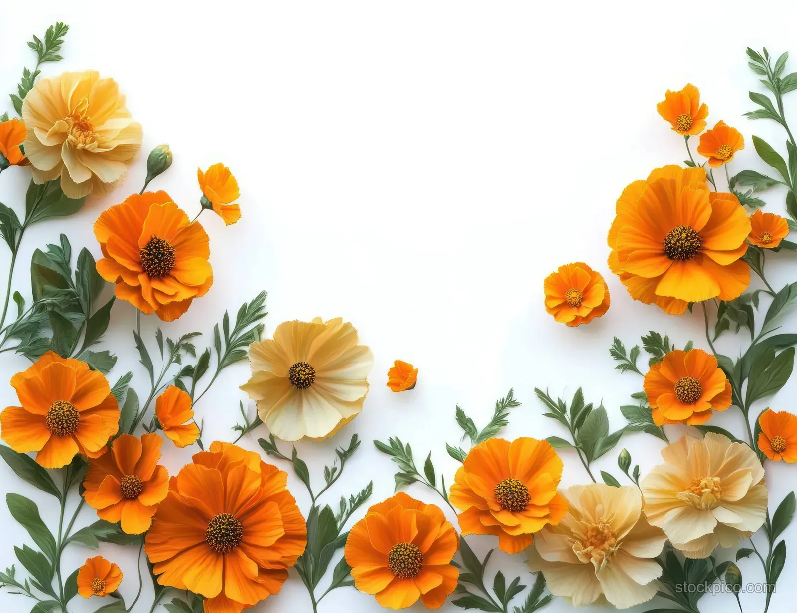 Orange and pale yellow flowers with green leaves arranged in a curved border on a white background.