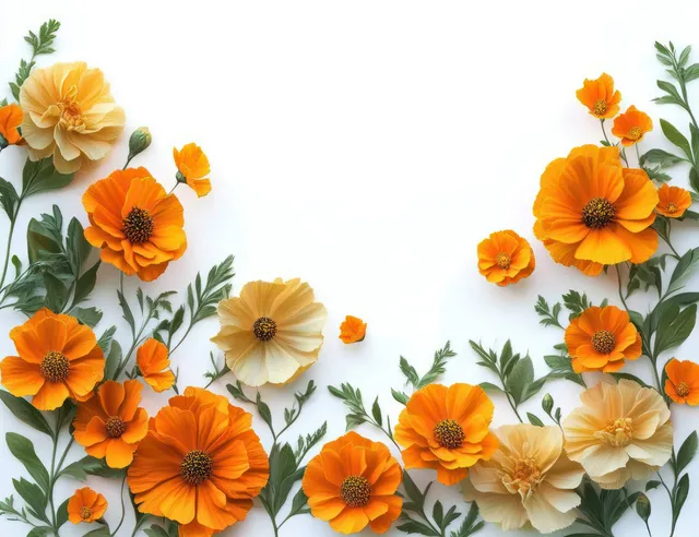 Orange and pale yellow flowers with green leaves arranged in a curved border on a white background.