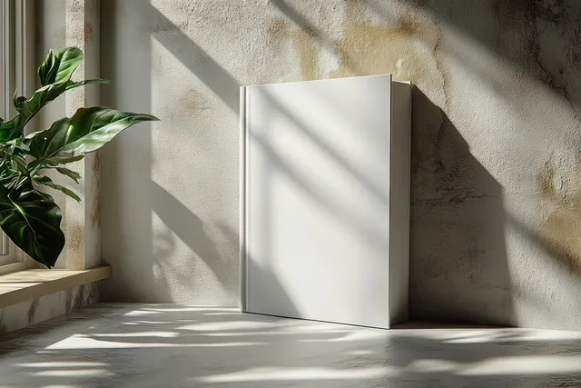 Minimalist closed soft-cover book standing on a sunlit shelf with sharp shadows