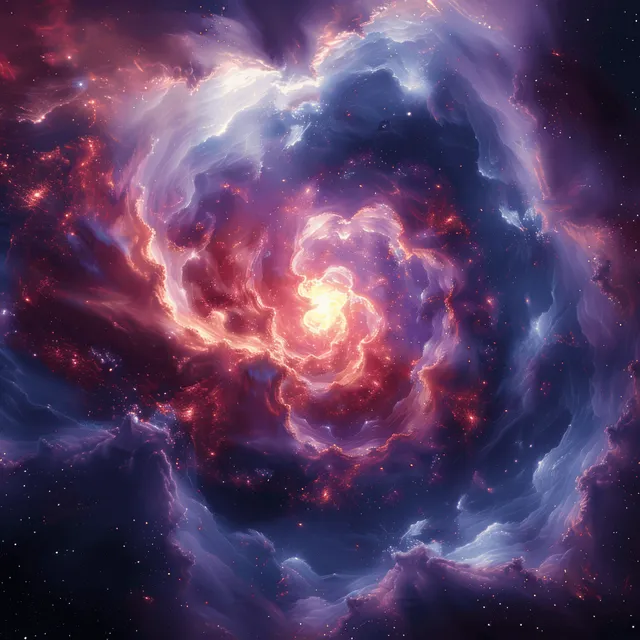 A glowing supernova explosion illuminates a spiral nebula surrounded by stars in deep dark space.