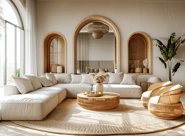 Beige curved sofa and rattan chairs sit in a sunlit coastal modern living room with an arched mirror wall.