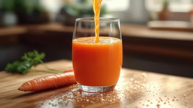 Bright carrot juice pours into a clear glass on a wooden kitchen table beside whole carrots and scattered pieces.