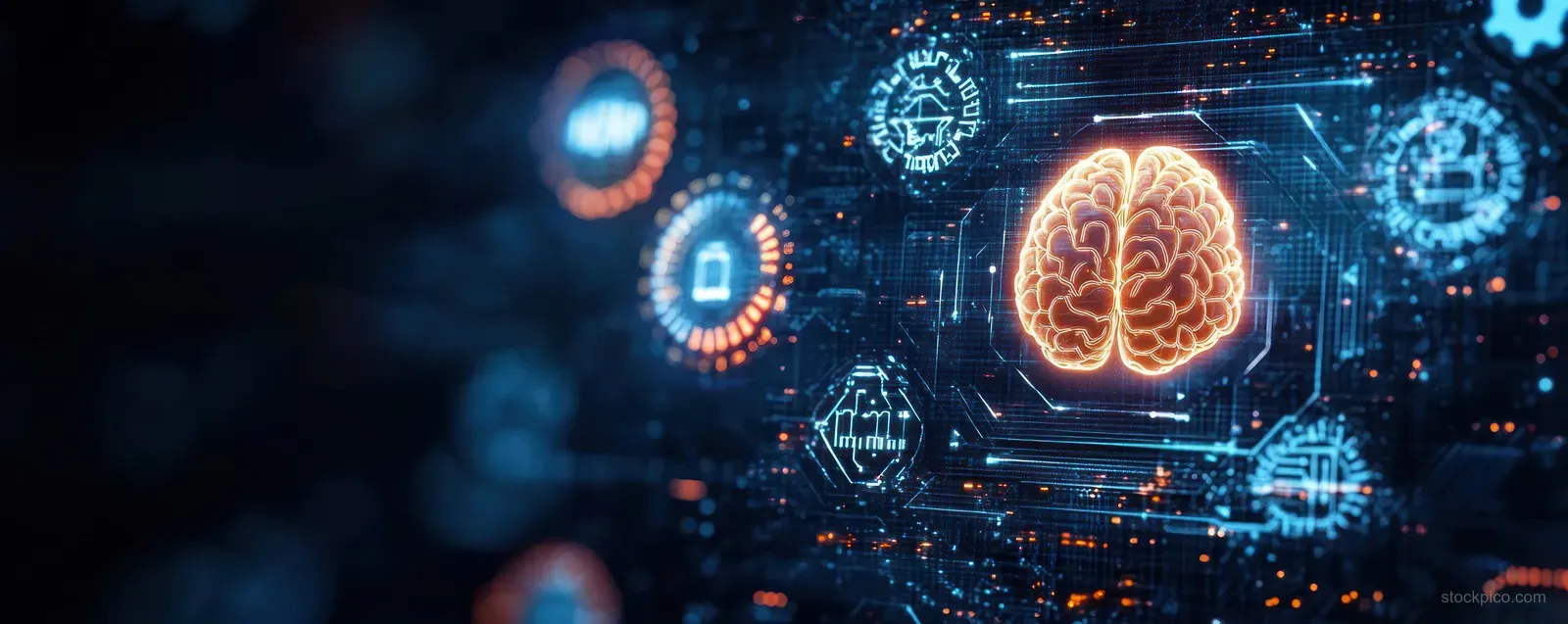 Glowing digital brain surrounded by futuristic circuit and data network icons on a dark blue abstract background.