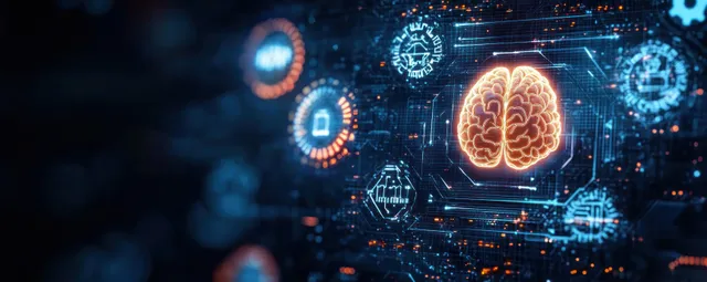 Glowing digital brain surrounded by futuristic circuit and data network icons on a dark blue abstract background.